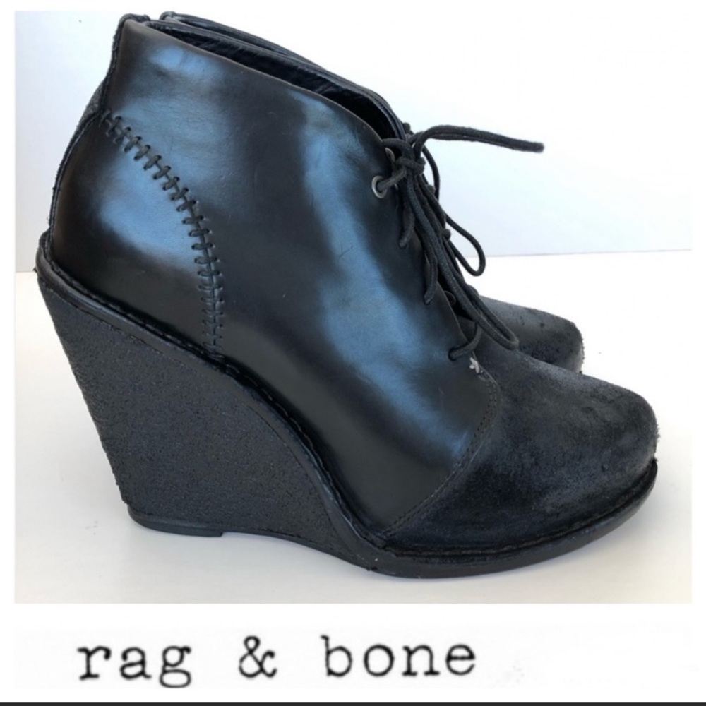 Rag & Bone Odval Desert Black Leather Distressed Suede Wedge Booties